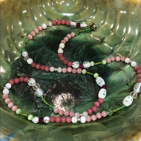 Jewelry - Handmade Summer Necklace - Pink, Green & White
